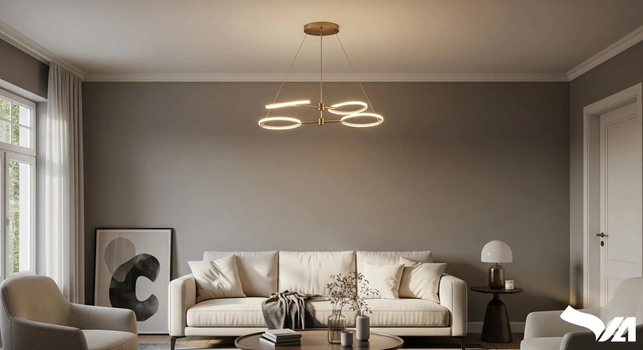 Phòng khách tối giản với ghế sofa màu kem và đèn trần hiện đại
