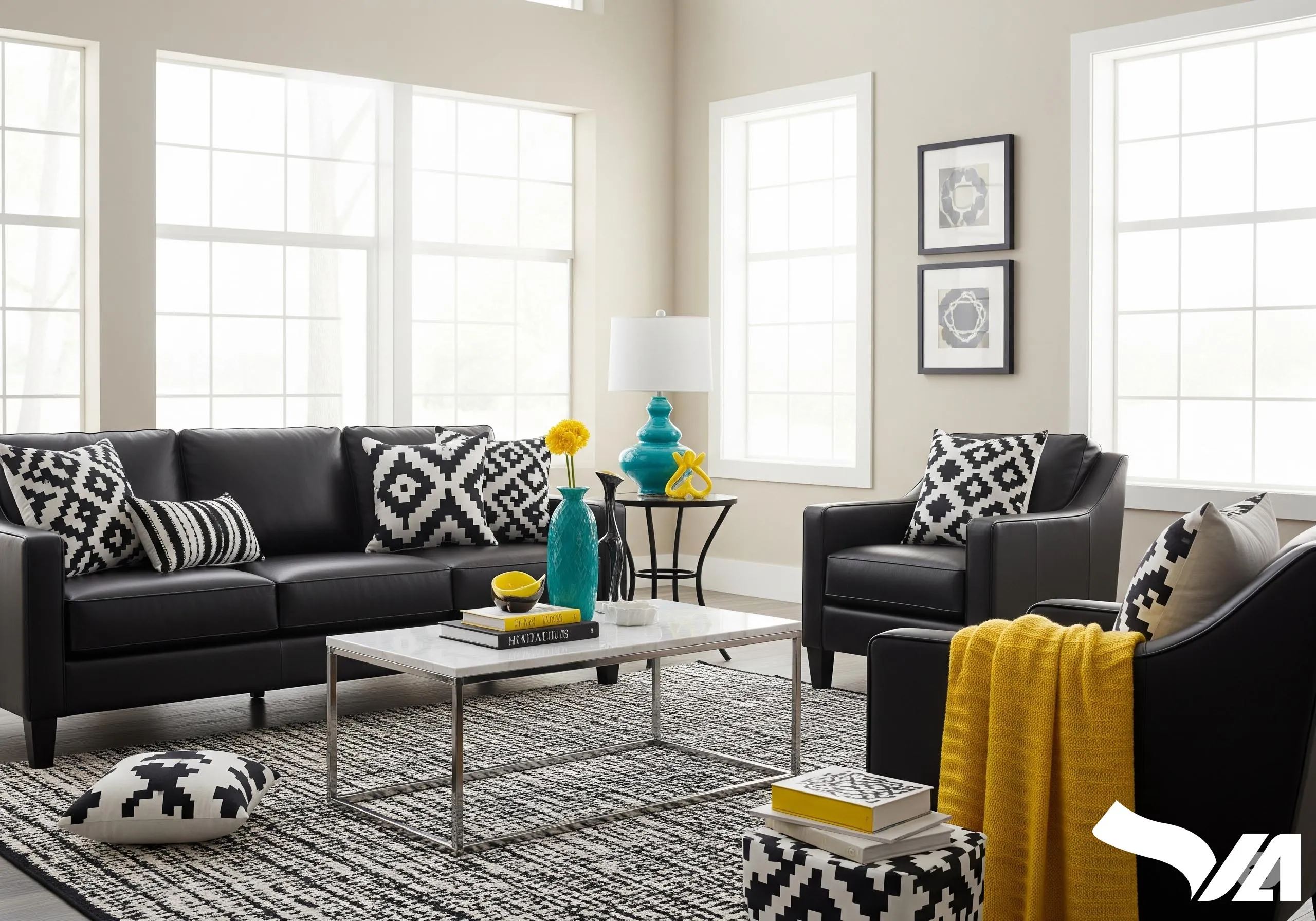 Phòng khách monochrome với nội thất đen trắng hiện đại