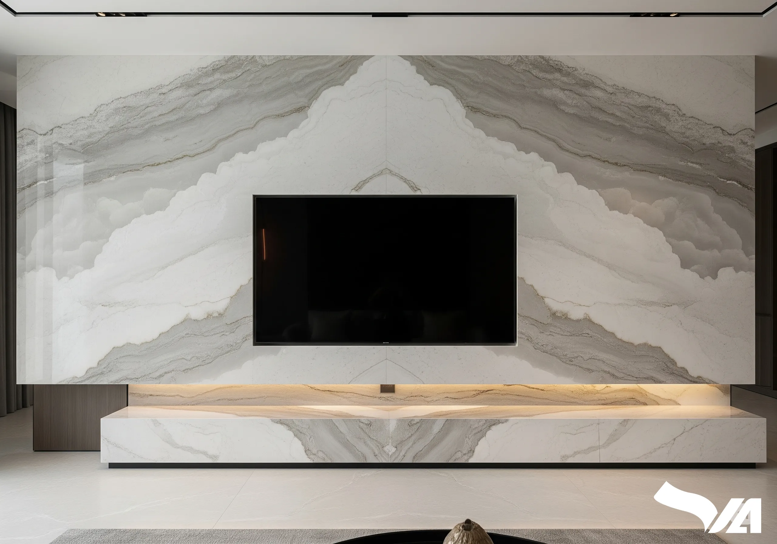 Vách TV ốp đá marble tự nhiên với vân mây sang trọng