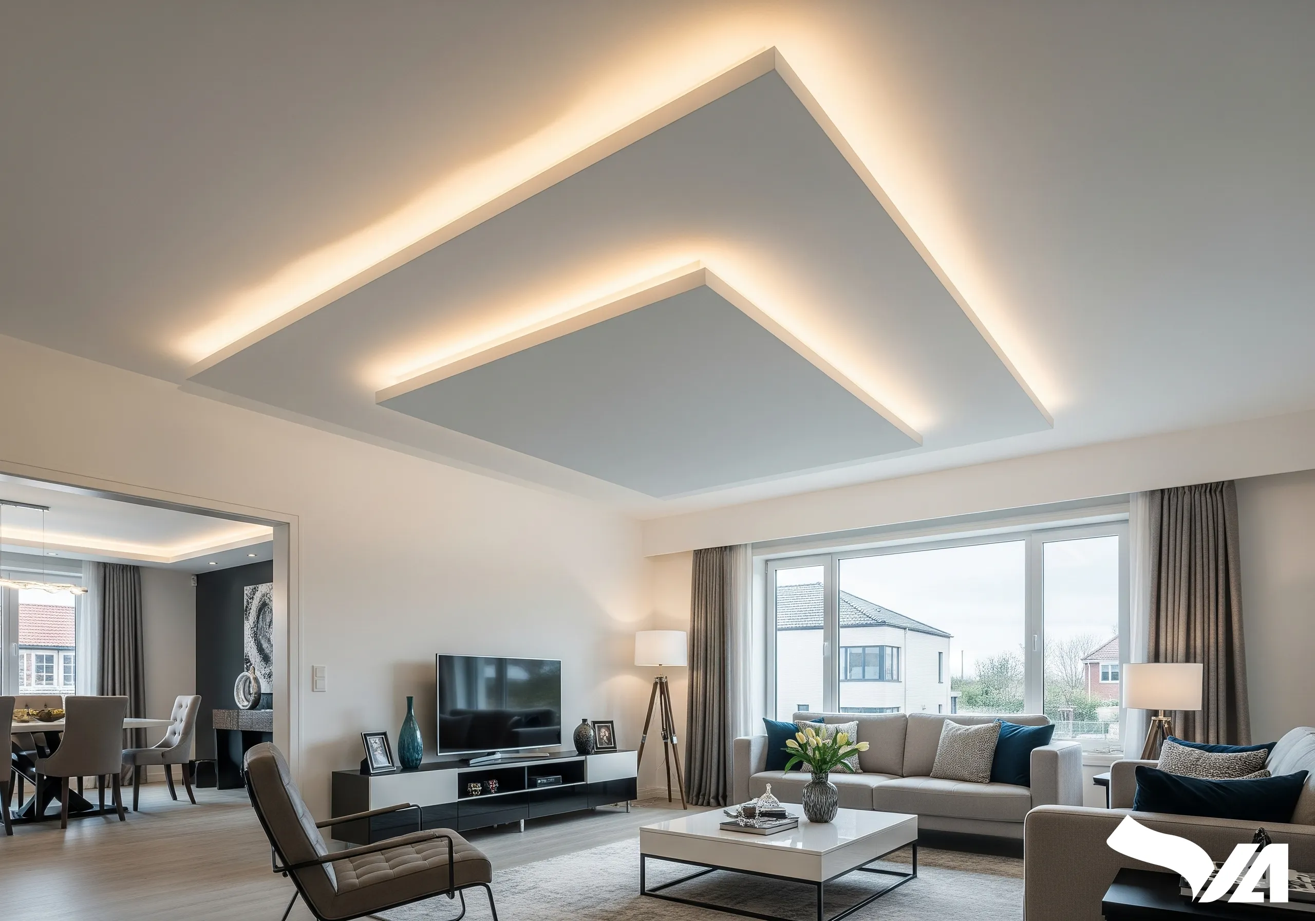 Không gian phòng khách hiện đại với trần thạch cao giật cấp tích hợp đèn LED