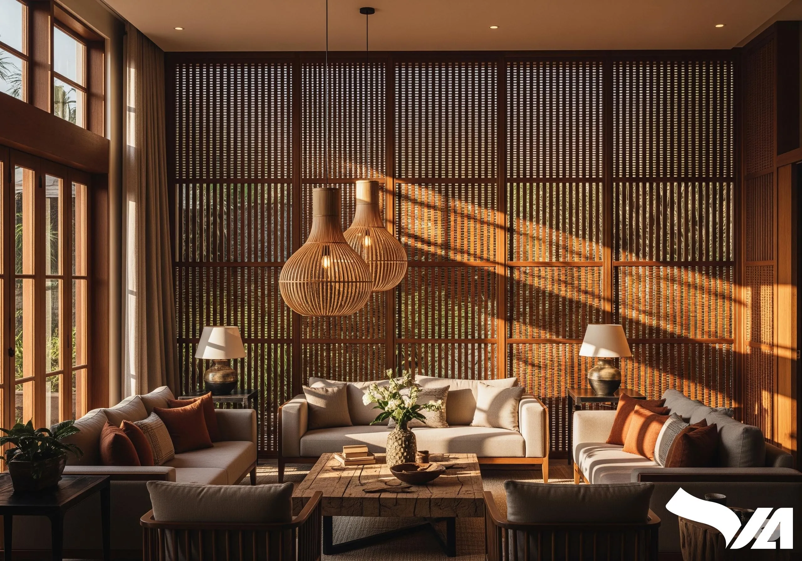 Phòng khách Indochine hiện đại với nan gỗ và đèn tre