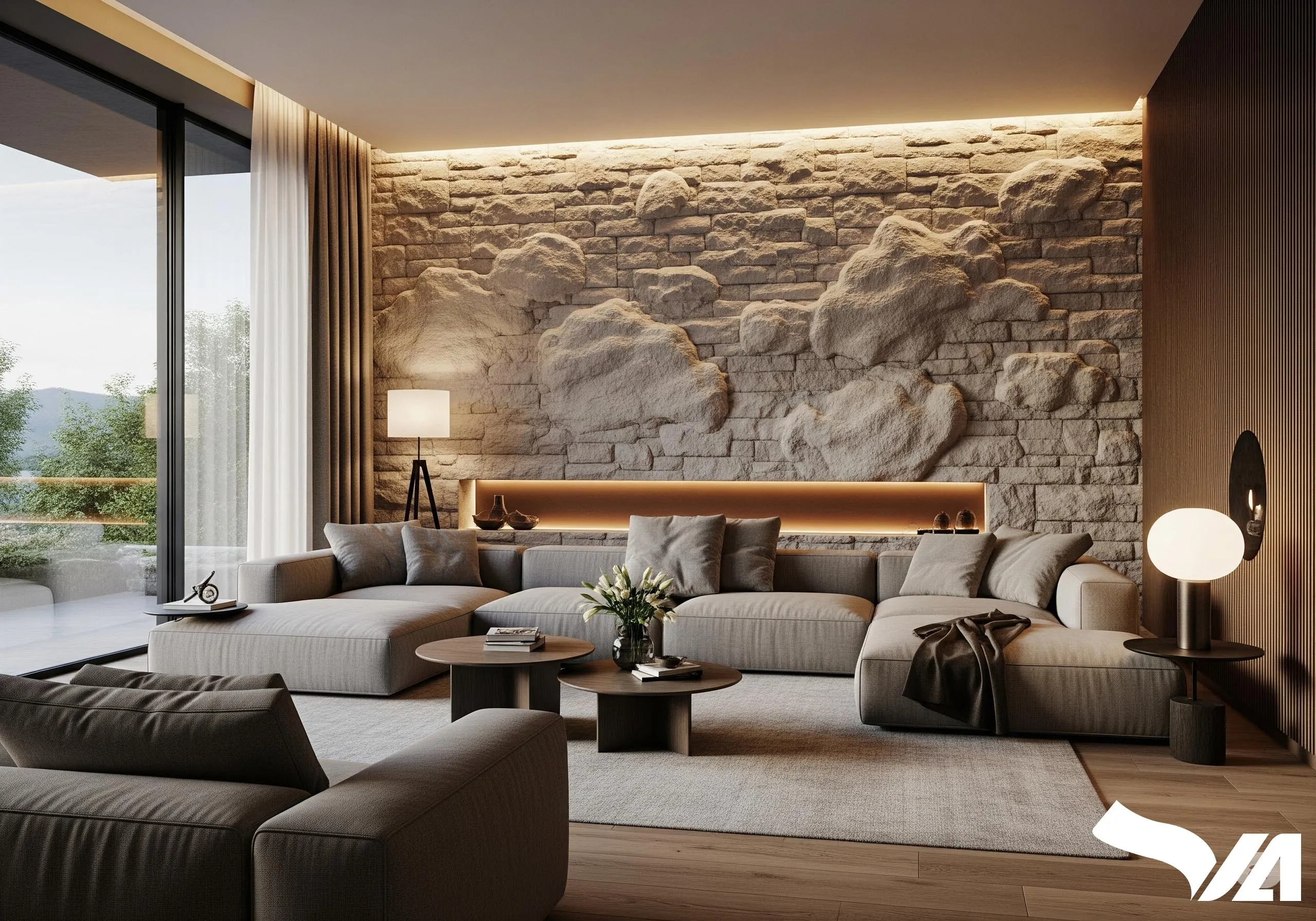 Phòng khách luxury với sofa lớn và tường đá vân mây