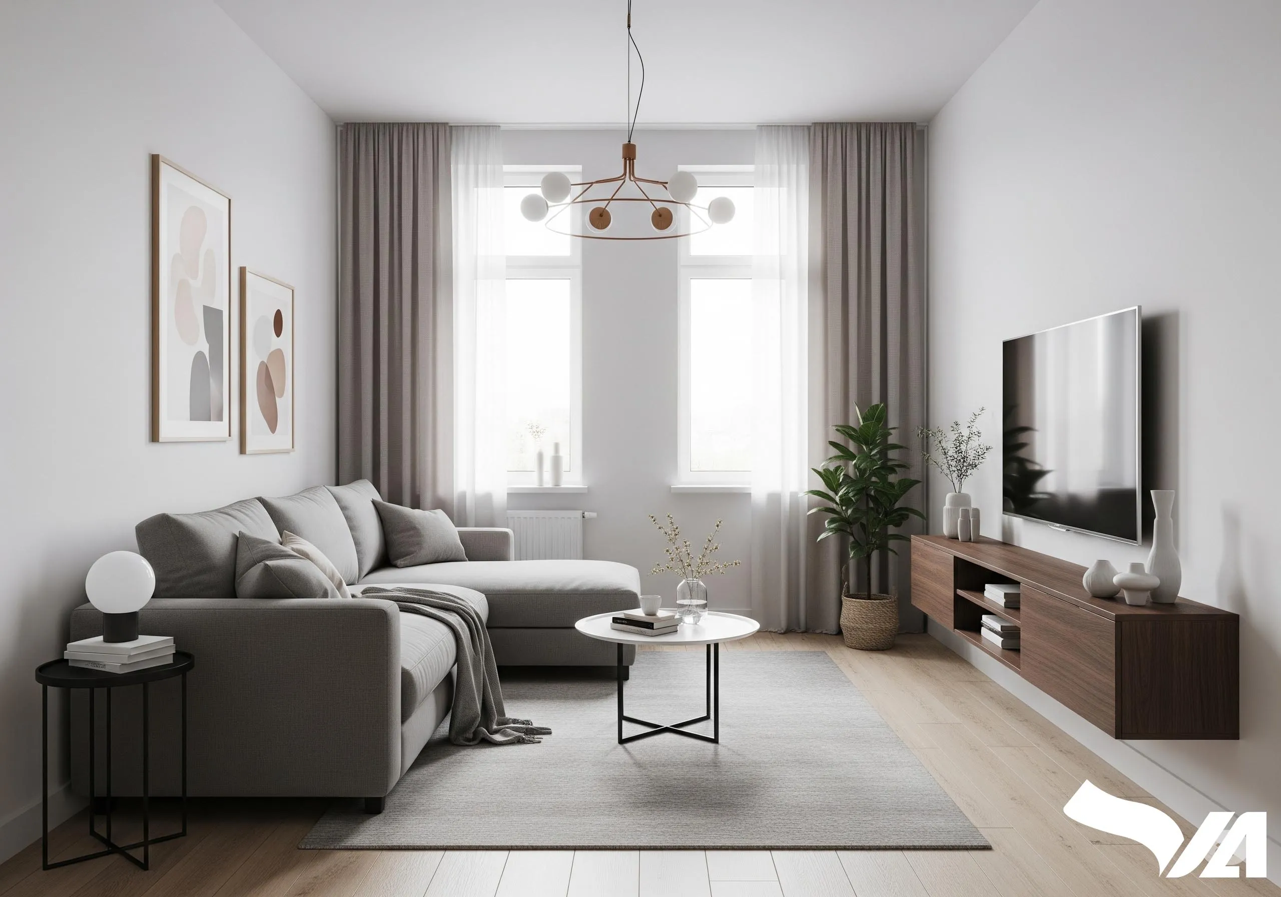 Phòng khách nhỏ hiện đại với sofa chữ L và kệ tivi treo tường