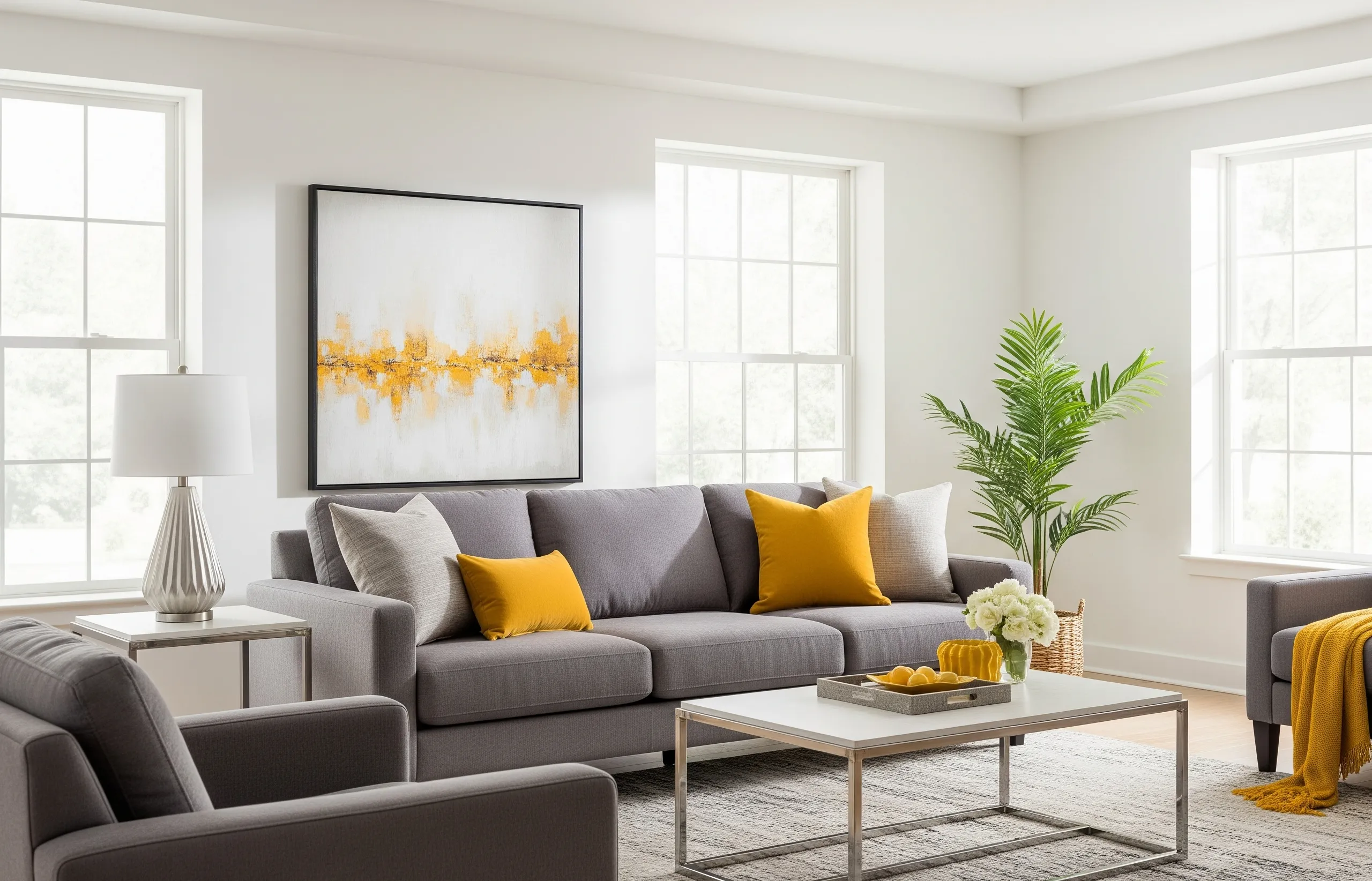 Phòng khách phối màu theo nguyên tắc 60–30–10 với tường trắng, sofa ghi và gối vàng nghệ