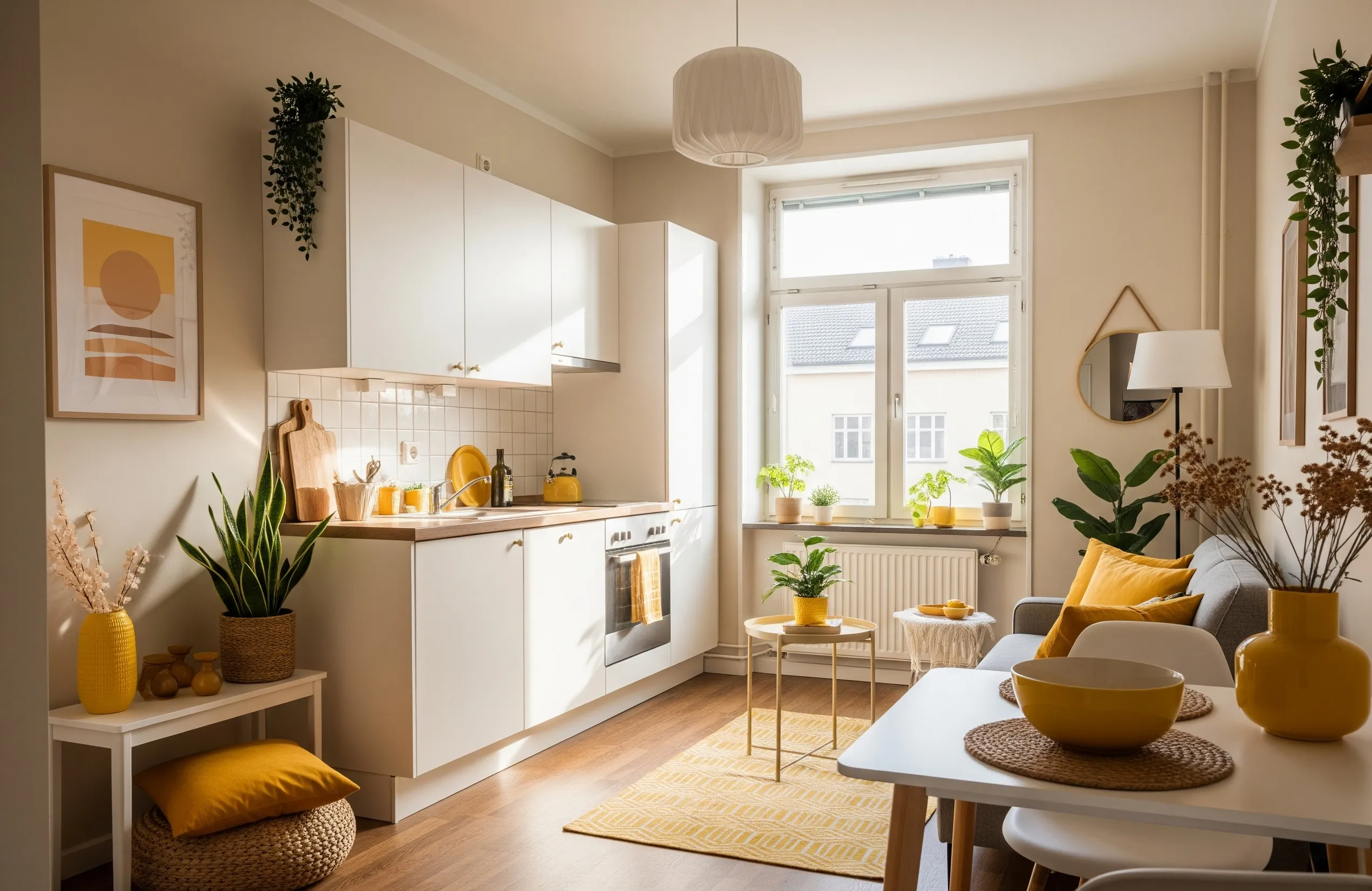 Không gian căn hộ nhỏ phối màu sáng với tone beige – trắng và vàng đất tạo cảm giác ấm áp