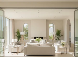 Cách tối ưu ánh sáng trong thiết kế nội thất đẹp Không gian phòng khách biệt thự với hệ kính lớn, ánh sáng tự nhiên ngập tràn và tường sáng màu