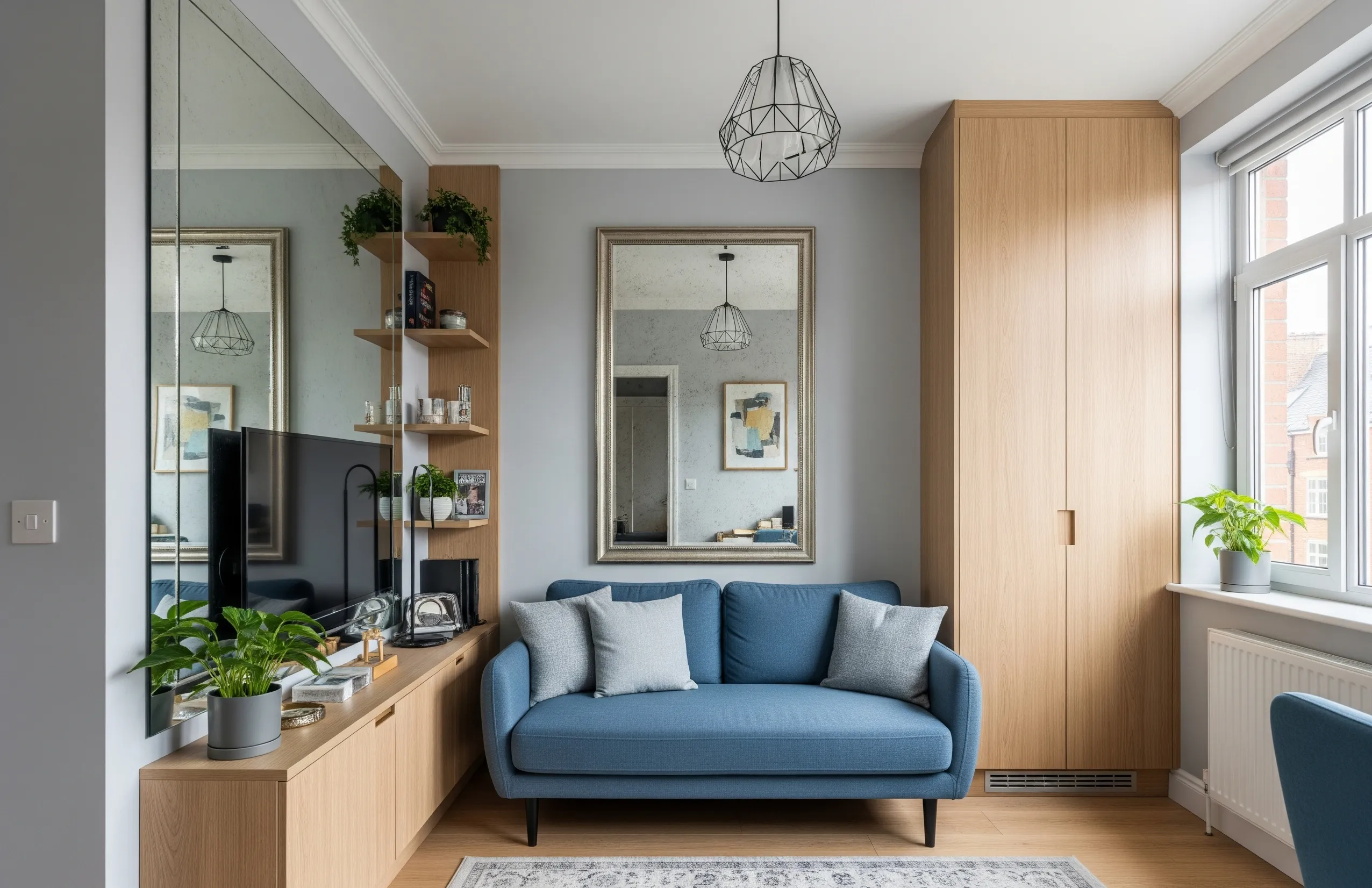 Phòng khách căn hộ nhỏ sử dụng gương lớn, tủ âm tường và sofa gọn gàng hiện đại