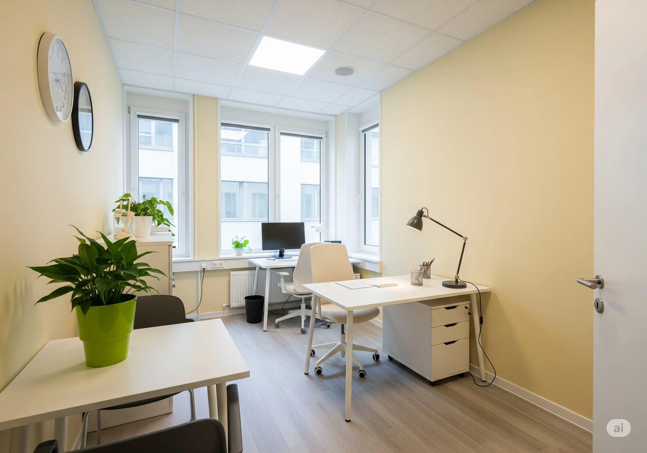 Không gian văn phòng nhỏ 15m², sắp xếp gọn gàng với tông màu sáng