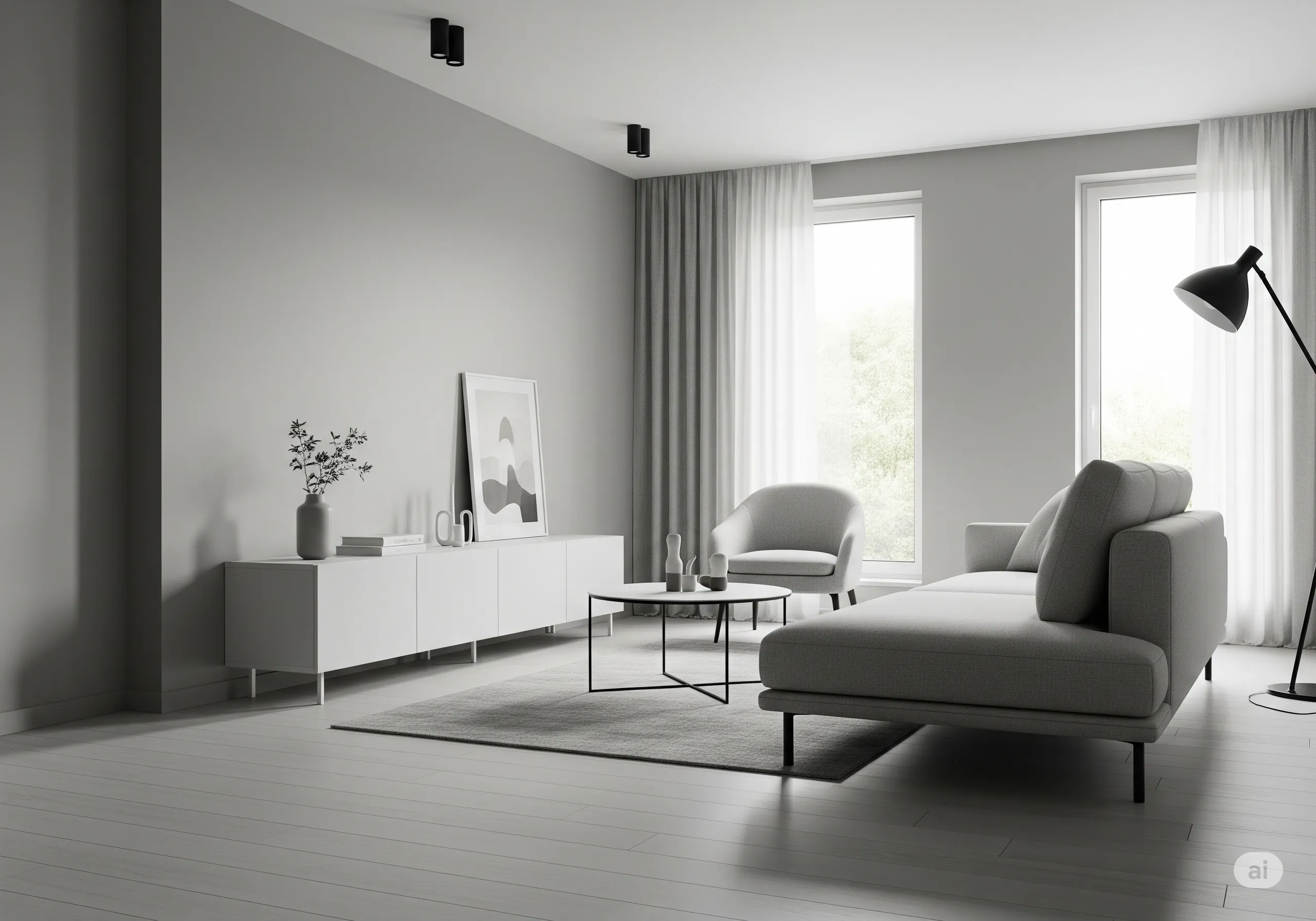 Phòng khách phong cách hiện đại với ghế sofa bệt, tủ TV đơn giản, tông màu xám – trắng