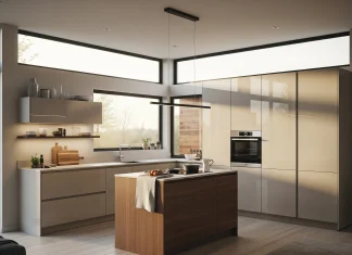 Thiết kế nội thất đẹp và tối ưu cho nhà ống 3 tầng Không gian bếp nhà ống hiện đại với hệ tủ bếp kịch trần và đảo bếp nhỏ