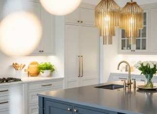 Tổng hợp 10 chi tiết nhỏ tạo nên thiết kế nội thất đẹp Không gian bếp đẹp với hệ đèn thả và tay nắm đồng ánh kim nổi bật