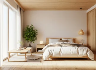 5 phong cách thiết kế nội thất đẹp được yêu thích nhất hiện nay Phòng ngủ Japandi với sàn gỗ sáng, chăn ga tông trắng – be, bàn gỗ thấp, cây xanh đặt cạnh cửa kính đón nắng.