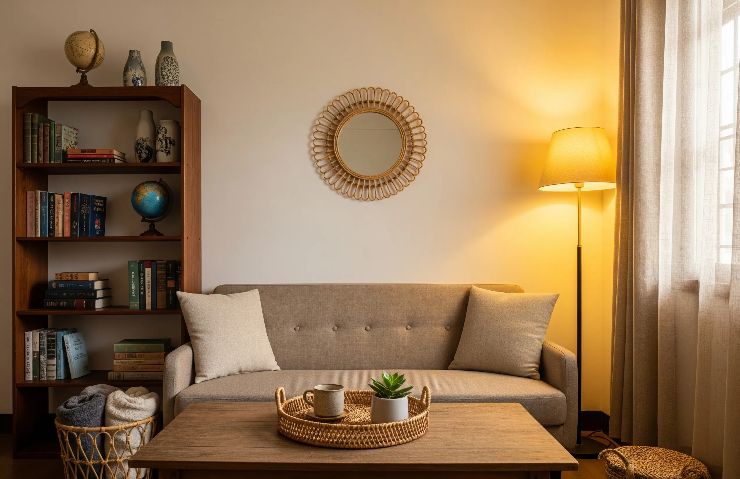 Phòng khách vintage với nội thất gỗ