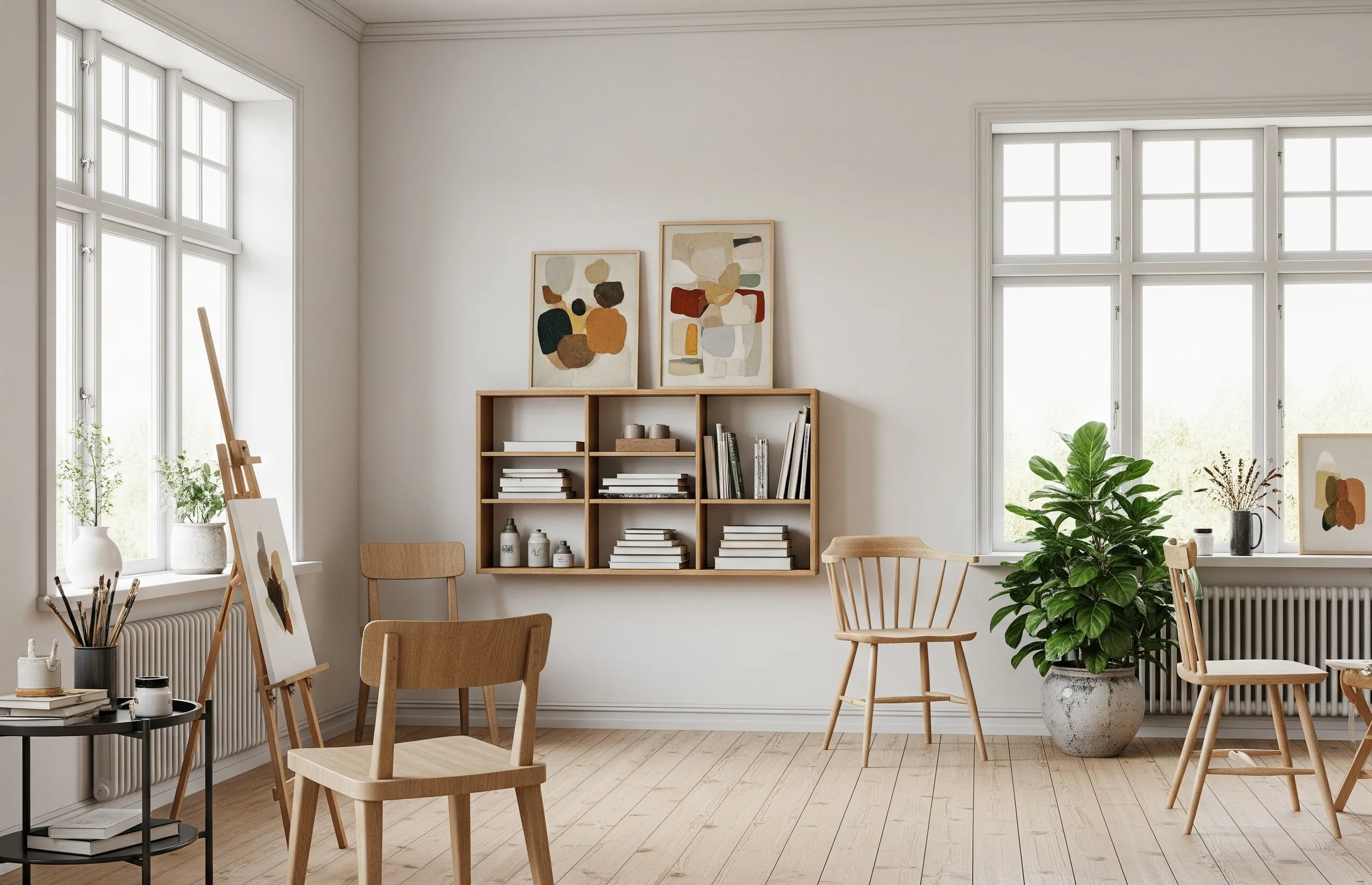 Phòng nghệ thuật phong cách Scandinavian với gỗ tự nhiên và ánh sáng chan hòa