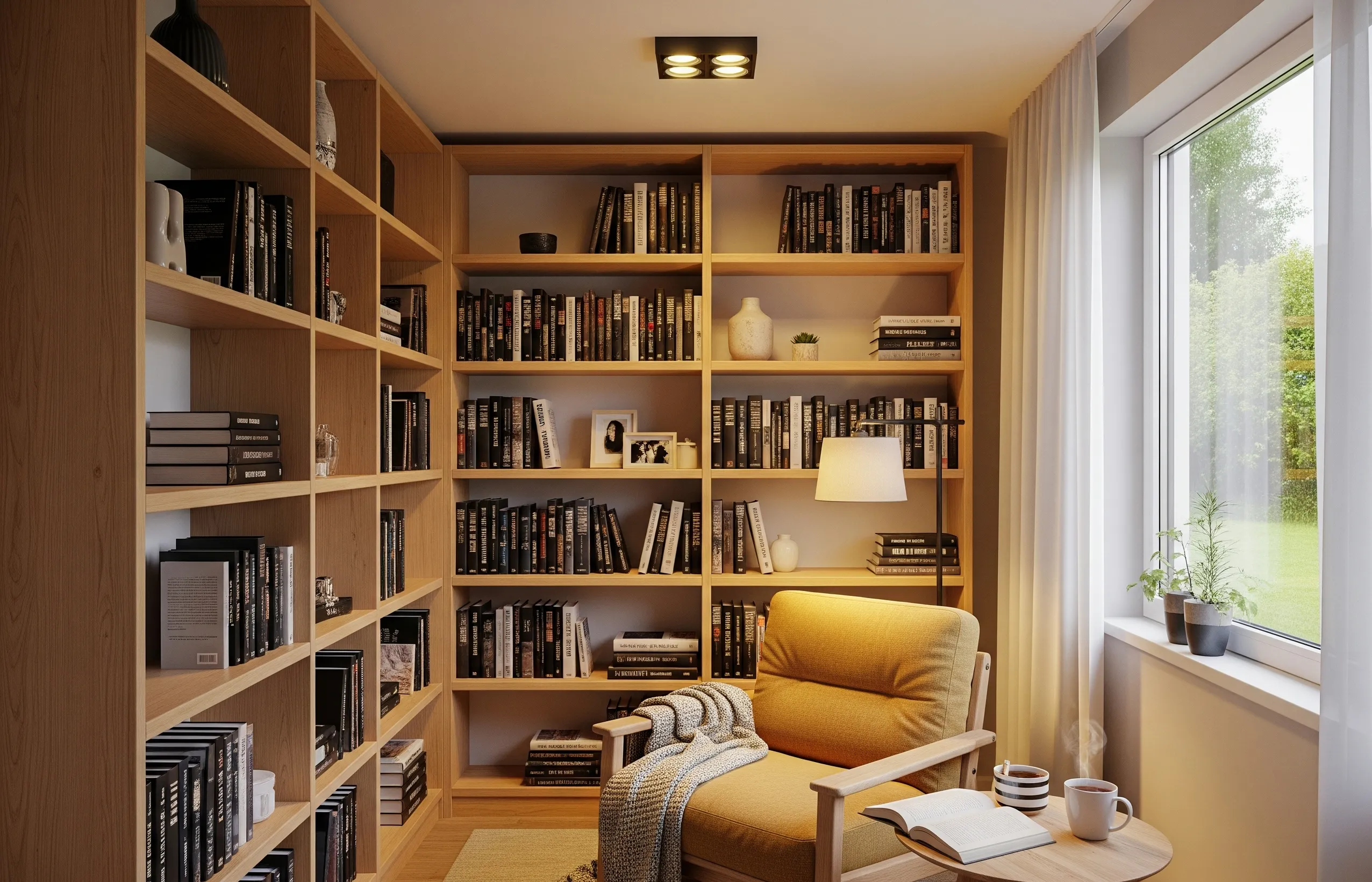 Thiết kế nội thất đẹp cho phòng đọc sách nhỏ gọn với kệ sách âm tường