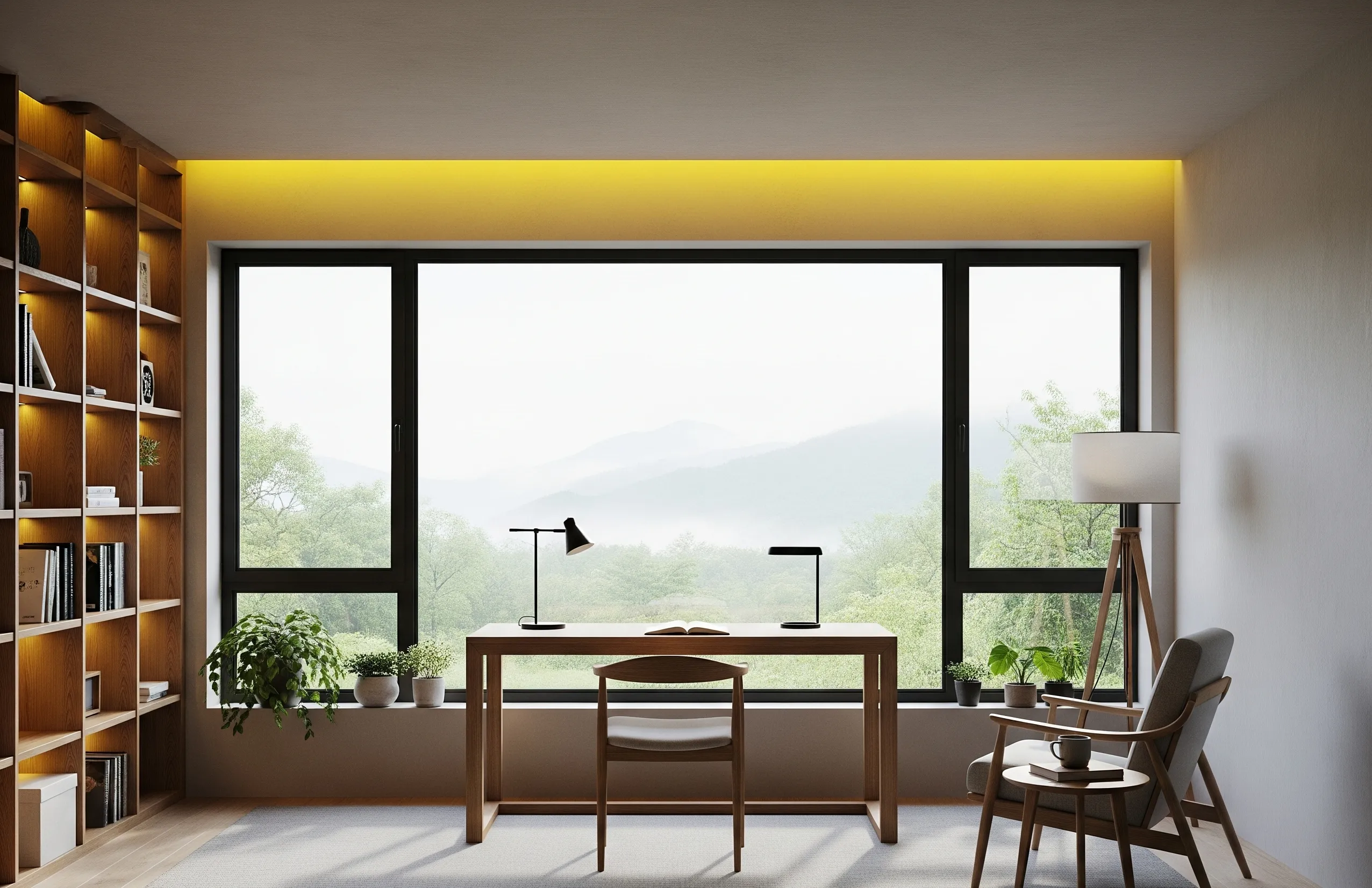 Không gian phòng đọc sách đẹp với ánh sáng vàng ấm áp và cửa sổ lớn