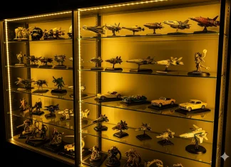 Thiết kế nội thất đẹp cho phòng trưng bày bộ sưu tập – Nơi tôn vinh đam mê cá nhân Không gian trưng bày hiện đại với kệ kính và ánh sáng vàng ấm