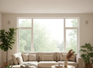 Thiết kế nội thất đẹp lấy cảm hứng thiên nhiên – Kết nối con người và môi trường sống hông gian phòng khách mở với ánh sáng chan hòa và cây xanh tạo cảm giác thư thái