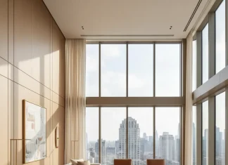 Thiết kế nội thất penthouse – Tinh hoa của đẳng cấp sống thượng lưu Phòng ngủ penthouse phong cách hiện đại với cửa sổ lớn và tầm nhìn ra thành phố