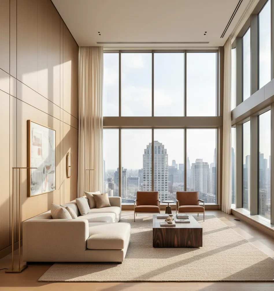 Phòng ngủ penthouse phong cách hiện đại với cửa sổ lớn và tầm nhìn ra thành phố