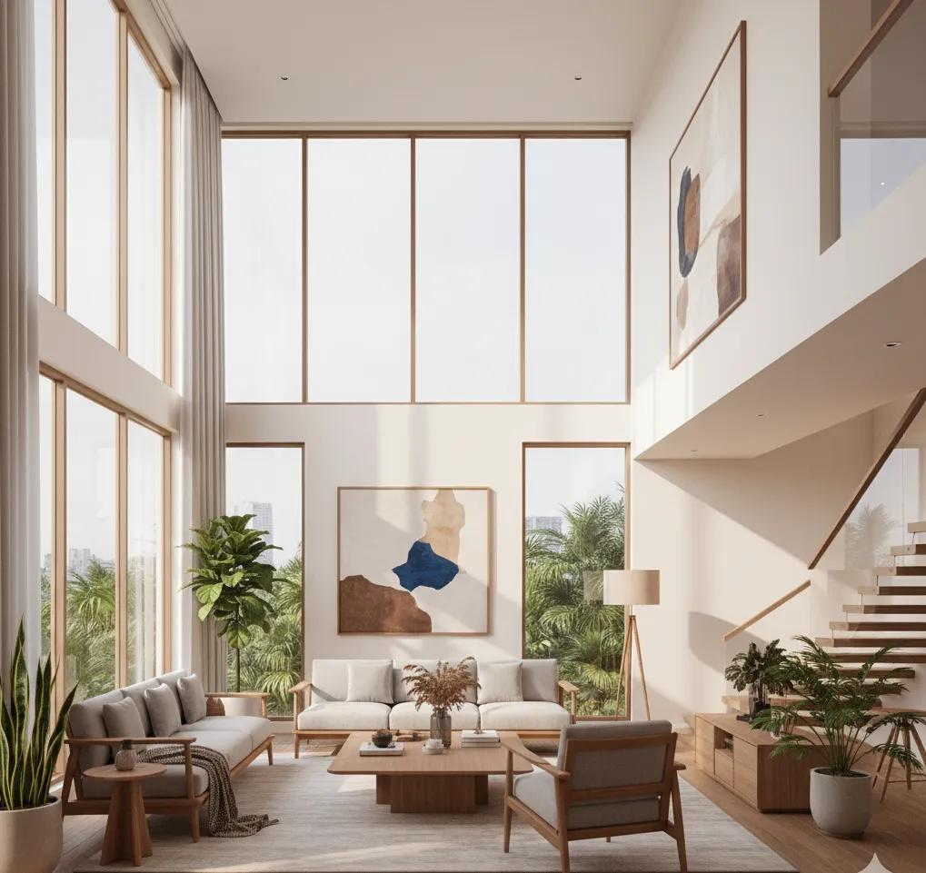 Thiết kế nội thất phòng khách căn hộ duplex hiện đại, tràn ngập ánh sáng tự nhiên.