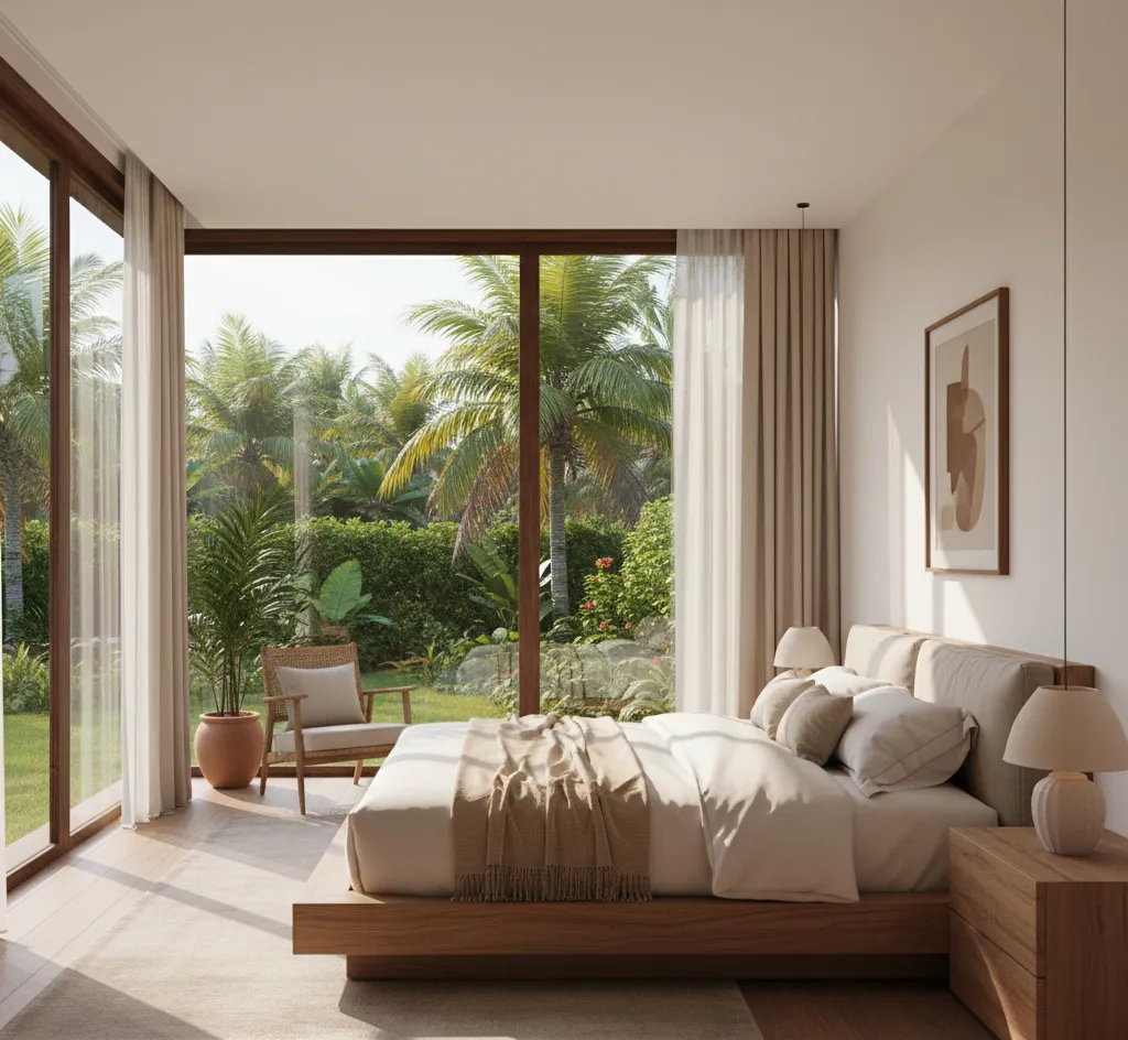 Thiết kế phòng ngủ biệt thự nghỉ dưỡng phong cách hiện đại, gần gũi với thiên nhiên.