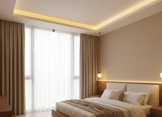 Thiết kế nội thất phòng ngủ master – Tổ ấm riêng tư chuẩn sang trọng Phòng ngủ master với cửa sổ lớn, ánh sáng vàng dịu và bố cục hiện đại tối giản