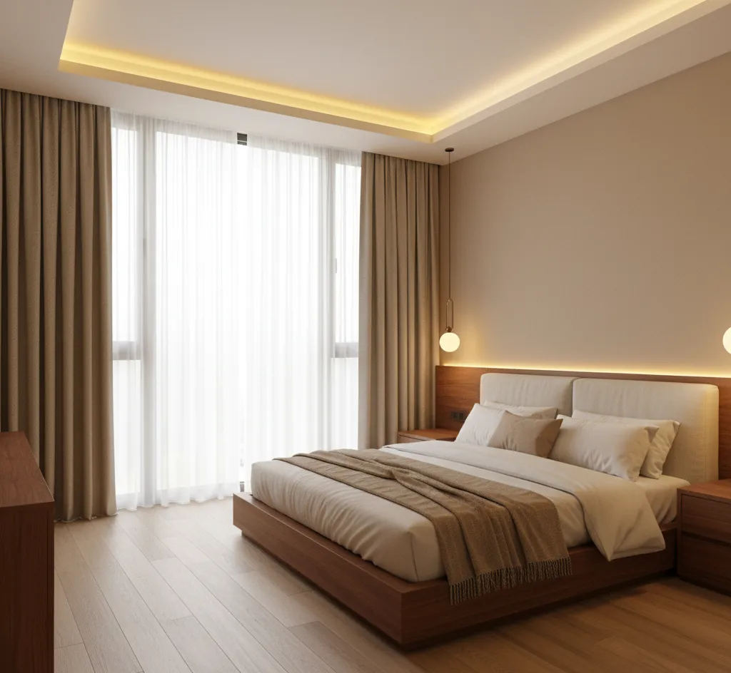Phòng ngủ master với cửa sổ lớn, ánh sáng vàng dịu và bố cục hiện đại tối giản