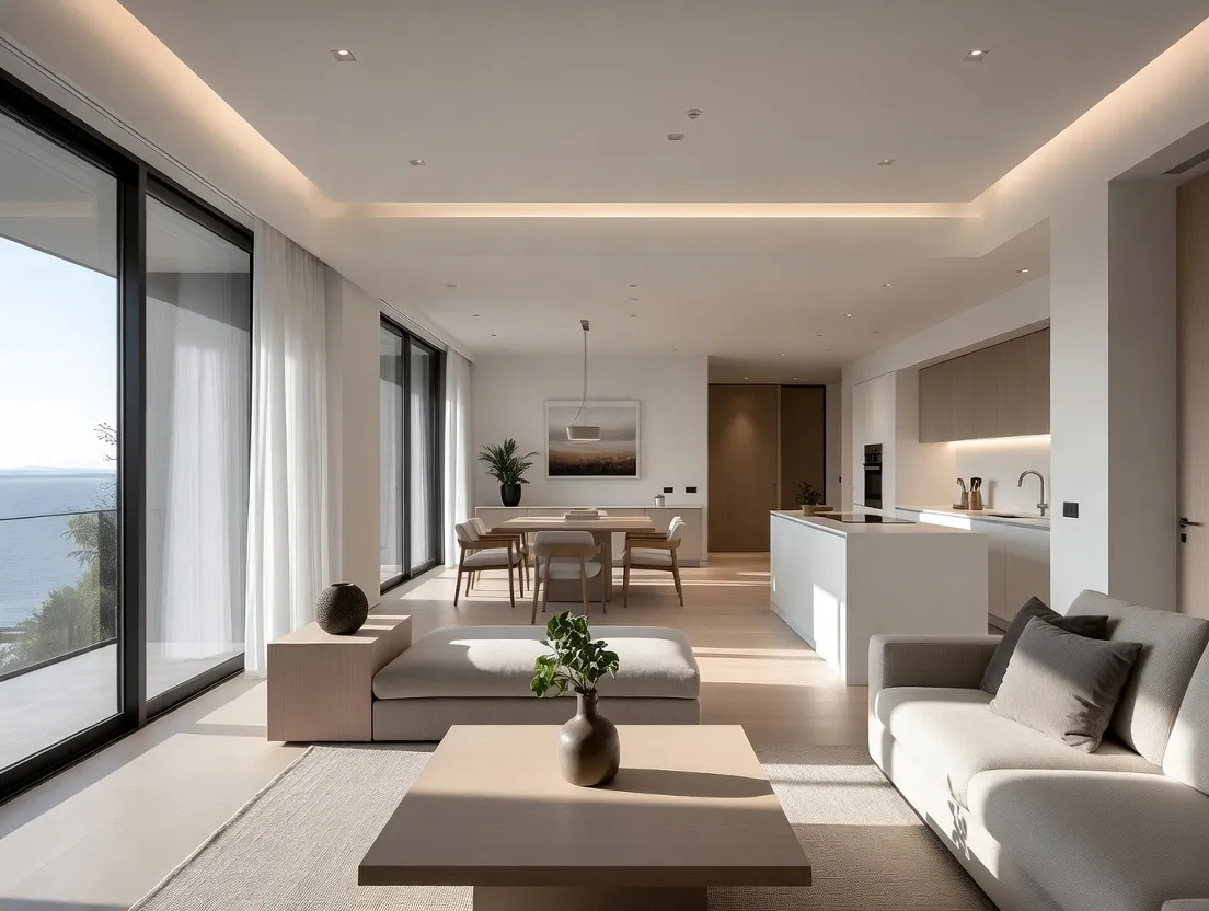 Thiết kế nội thất không gian mở cân bằng ánh sáng tự nhiên và đèn LED