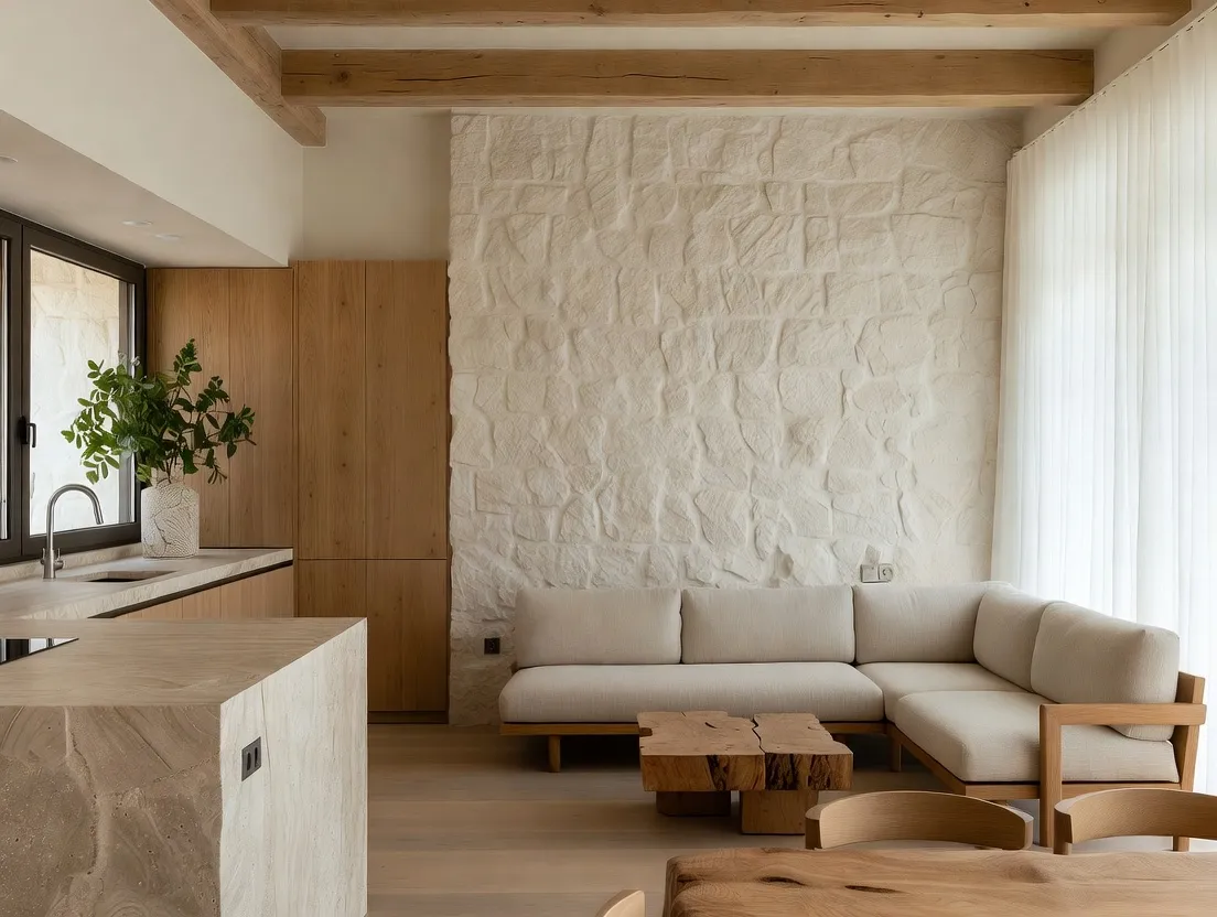 Thiết kế nội thất sử dụng vật liệu gỗ và đá tự nhiên hài hòa
