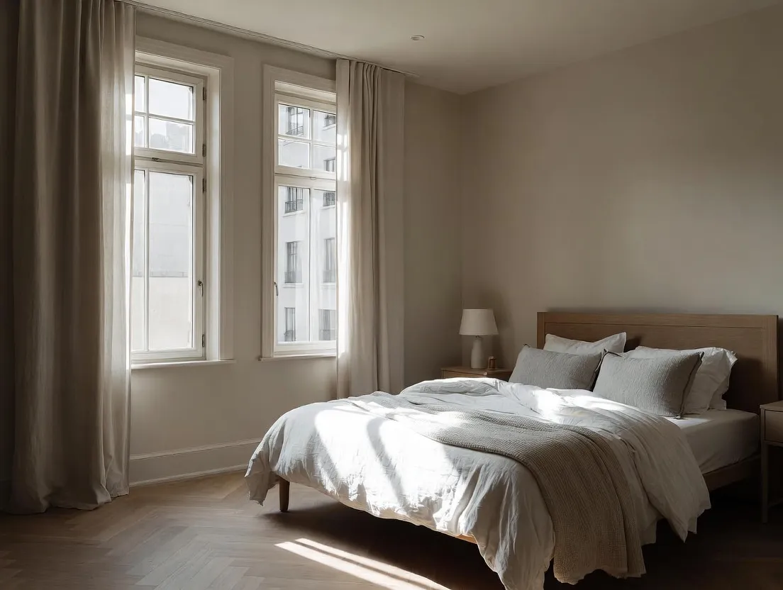 Thiết kế nội thất phòng ngủ sử dụng ánh sáng dịu và vật liệu tự nhiên